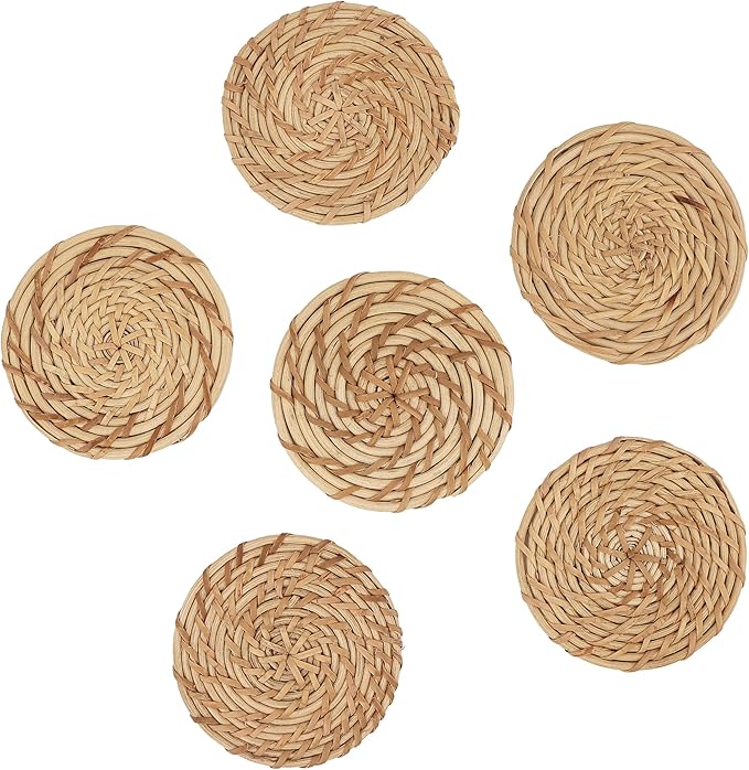 ALPHA Living HOME Handmade Cane Bar Coaster Set of 12-4 Inch Round Woven Natural Brown Drink Mats for Table, Coffee Mug, Glass - Rustic Rattan for Home, Bar, Kitchen Décor