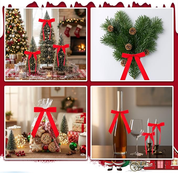 Riceshoot Velvet Bow Napkin Rings Bows with Gold Semicircle Metal Napkin Ring Velvet Bow Holder for Wine Bottles Table Settings Candlestick Wedding Valentine's Day Dinner(Red,12 Pcs)