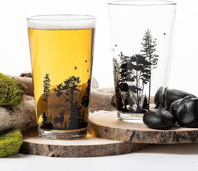 Black Lantern Pint Glasses Forest Animal Landscape Pint Glasses Set - 2 16oz. Beer Glasses