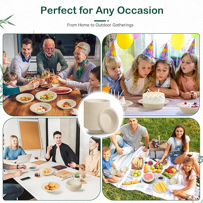 𝟭𝟮 𝗼𝘇, 𝟭𝟮𝟴-𝗣𝗮𝗰𝗸 Compostable Paper Bowls, Heavy-Duty Biodegradable Disposable Bowls Made from Bagasse, Eco-Friendly, Microwave & Freezer Safe (Natural)
