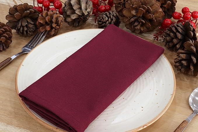 PurpleEssences Set of 6 Cloth Dinner Napkins 100% Cotton 18x18 Inch - Soft Durable Washable - Ideal for Farmhouse Party Christmas Holiday Winter - Perfect Everyday Use Table Linen - Burgundy