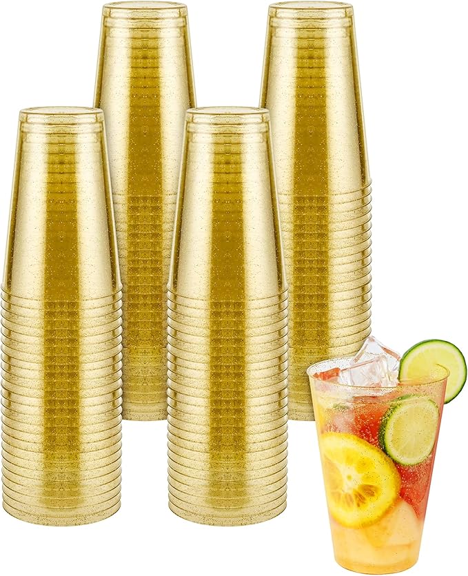 14oz Gold Glitter Plastic Cups, 100pcs Gold Cups Disposable, Elegant Plastic Cocktail Glasses, Fancy Party Cups for Wedding, Birthday, Holiday