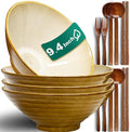 9.4-Inch 4 Sets Ceramic Ramen Bowl (16 Piece) - Japanese Porcelain Dishwasher Microwave Safe Salad Noodles Cereal Pasta Soup Large Bowls with Chopsticks Forks Spoons for Men Women Housewarming Gift