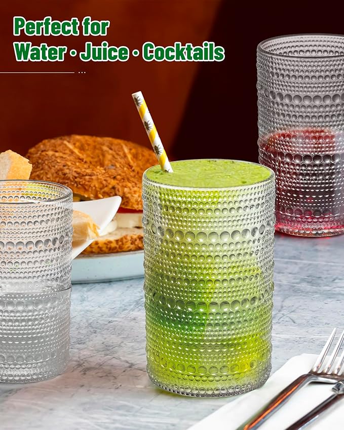 Vintage Hobnail Drinking Glasses Set of 4 – 13 oz Clear Highball Glass Cups – Embossed Textured Glassware with Anti-Slip Grip for Water, Juice, Cocktails – Thick Glass, Dishwasher Safe