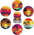Drink Coasters Set of 6 with Holder,Beach Palm Trees Sunset Landscape Absorbent Ceramic Coasters with Cork Base,Fit All Cups,Tabletop Protection Mat for Mugs and Cups,Office,Kitchen