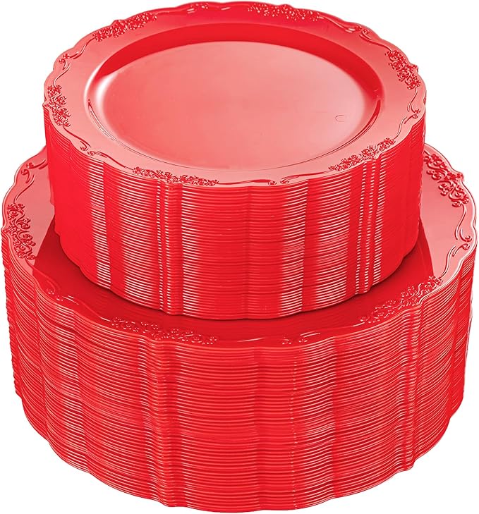 U-QE 100PCS Red Plastic Plates - Heavy Duty Valentines Plates Disposable, Red Plates Disposable Include 50PCS 10.25" Dinner Plates and 50PCS 7.5" Dessert/Salad Plates for Valentine's Day, Party