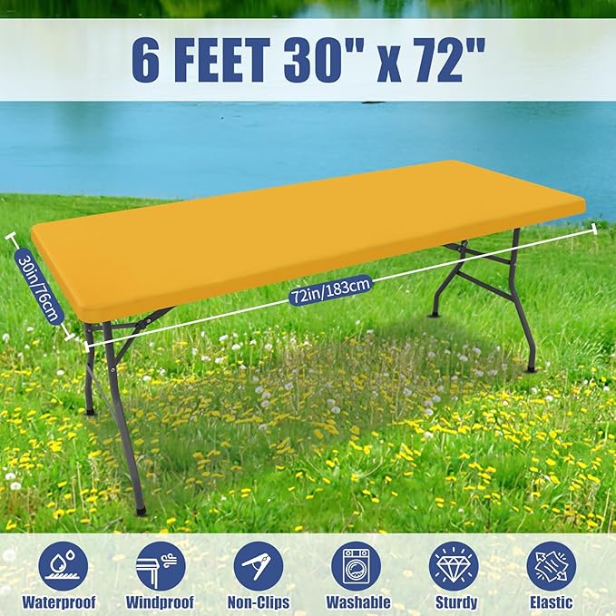 Spandex 6 Foot Rectangle Table Cloth 2 Pack, Elastic Fitted Tablecloths for Picnic, Stretch Washable Patio Table Cover for Outdoor, Camping, Banquet and Parties (Mustard Yellow, 30"x72")