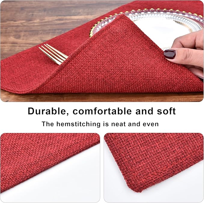 SLKQG Christmas Linen Fabric Placemats Set of 4 - Holiday Dining Table Mats for Festive Decor, Heat Resistant & Machine Washable, Place Mats for Dinner Parties, Xmas Gift for Home (4, Wine Red)