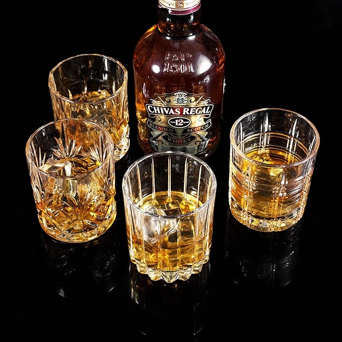 KANARS Whiskey Glasses Set of 4 - Multi Style Crystal Liquor Glasses 10 oz - Rocks Glass Barware For Scotch, Bourbon, Rum and Cocktail, Whisky Gifts for Men Dad Brother Adult