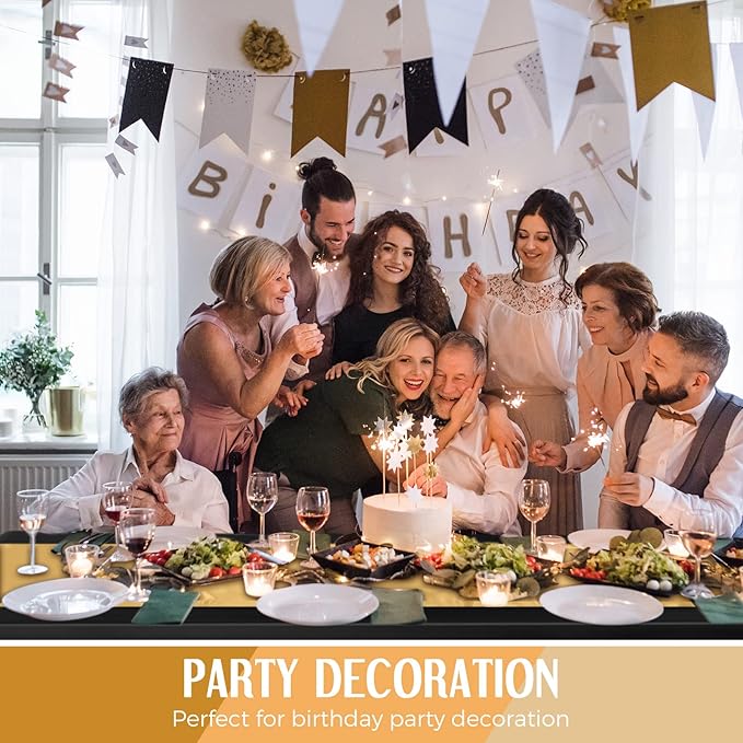 Breling 24 Packs Black and Gold Disposable Plastic Tablecloths and Satin Table Runner Set, 54 x 108 Inch Tablecloth, 12 x 108 Inch Table Runners for Wedding Graduation Birthday Baby Shower