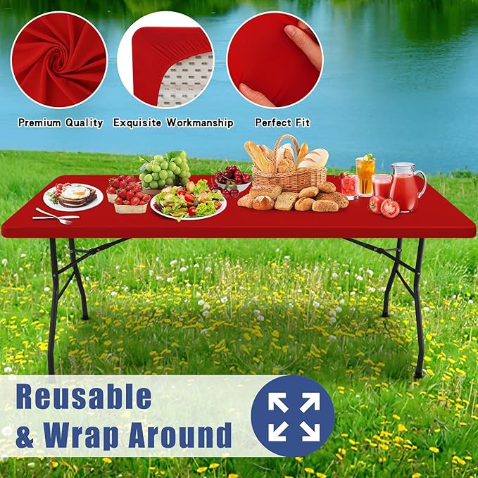 Spandex 6 Foot Rectangle Christmas Table Cloth 2 Pack, Elastic Fitted Tablecloths for Picnic, Stretch Washable Patio Table Cover for Outdoor, Camping, Banquet and Parties (Red, 30"x72")