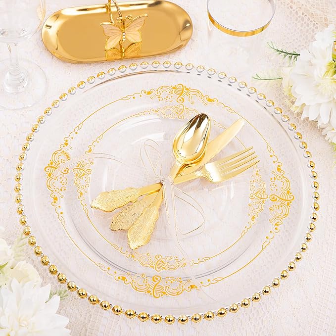 Hioasis 210pcs Clear and Gold Plates - Clear Party Plates for 30 Guest, Include 60 Heavy-duty Plates(20% Thicker Than Standard), 30 Pre Rolled Gold Plastic Silverware Set, 30 Cups