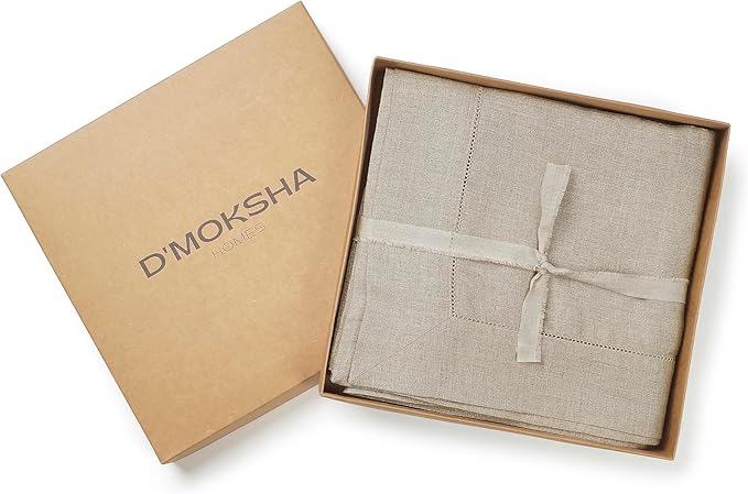 D'Moksha Homes Natural Linen Tablecloth 60 x 120 Inch - 100% Pure Linen Hemstitch Tablecloth for Rectangle Tables - Classic Hemstitch, Machine Washable Table Cloth for Valentines, Spring, Easter