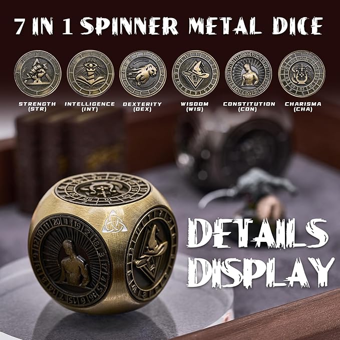 Metal Fidget Spinner,7 in 1 Unique Polyhedral Fantasy Gaming Dice for Tabletop RPG Accessories(Bronze)