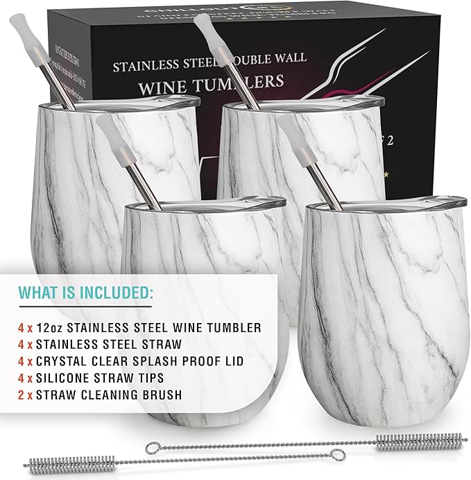 CHILLOUT LIFE 12 oz Stainless Steel Wine Tumblers 4 Pack - Double Wall Vacuum Insulated Wine Glasses Cups with Lids and Straws Set Keeping Cold & Hot for Coffee, Beer, Ice Cream - Carrara Marble