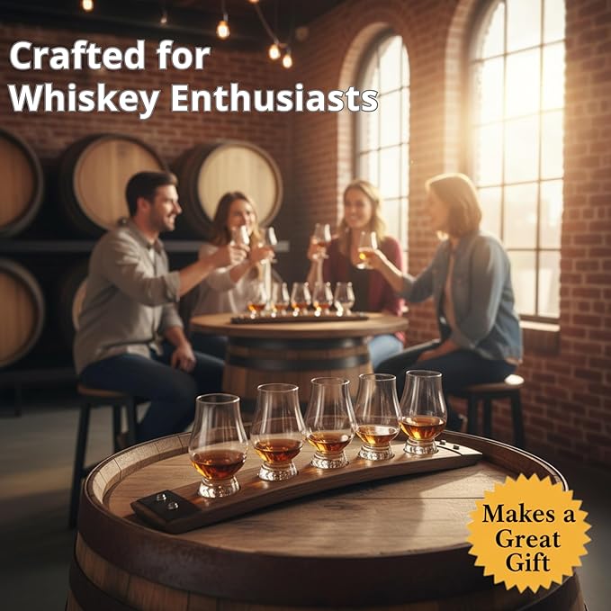 Barrel Stave Premium 5 Glass Whiskey Flight Serving Tray with Glencairn Glasses, Dark Walnut
