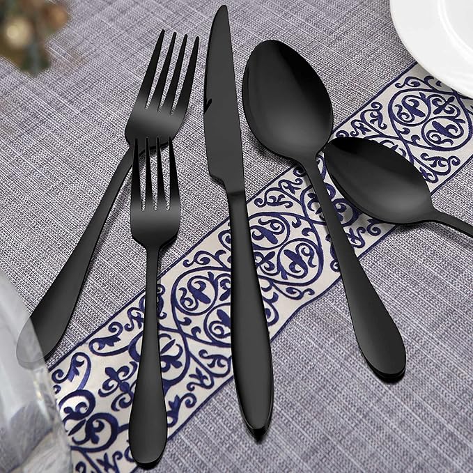 LIANYU 40-Piece Black Silverware Set for 8, Stainless Steel Flatware Cutlery Set, Tableware Eating Utensils Include Forks Knives Spoons, Mirror Polished, Dishwasher Safe