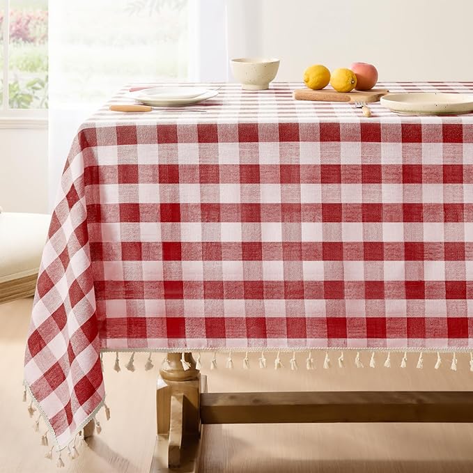 Softalker Checkered Tablecloth Rectangle, Outdoor Linen Cotton Gingham Table Cloth with Tassel, Heavy Duty Wrinkle Free Buffalo Plaid Table Cover for Kitchen Dining Home Party - 55 x 102 Inch, Red