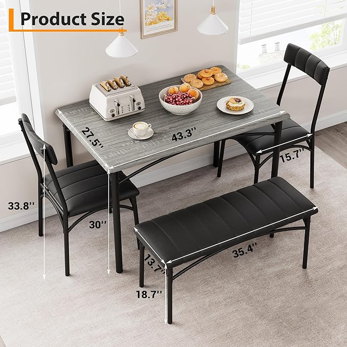 Dining Table Set for 4, Rectangular Kitchen Table and Chairs Set of 4 for Small Spaces, Modern Dining Room Table Set with Upholstered Bench and 2 Chairs, Space Saving Dining Furniture for Apartments