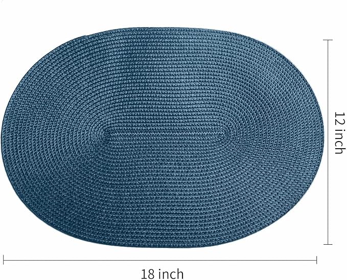 FunWheat Oval Braided Placemats Set of 8 Table Mats for Dining Tables Washable Heat Resistant Place Mats for Indoor Outdoor Use 12 x18 Inch(Oval Blue, 8pcs)