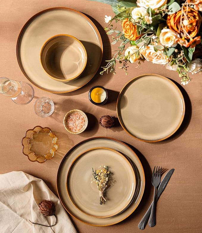 TheTerra Ceramic Dinnerware Sets for 4, 12 Pieces Handmade Reactive Glaze Plates and Bowls Set, Scratch Resistant Dish Set, Oven & Microwave & Dishwasher Safe, Creamy Amber