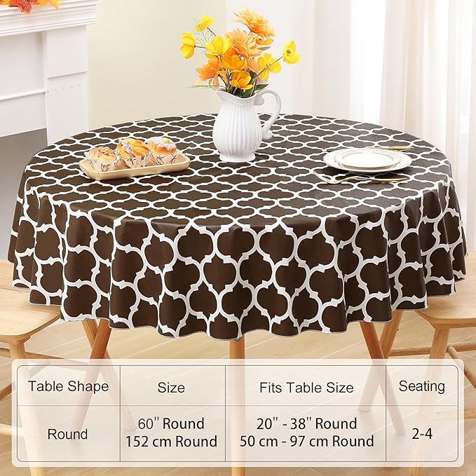 Smiry Round Plastic Table Cloth, Waterproof Vinyl Tablecloth with Flannel Backing for Round Tables, Wipeable Spillproof Tablecloths for Dining, Camping, Indoor and Outdoor (60" Round, Coffee)