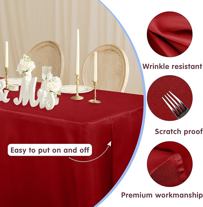 HolidayIdeas 2-Pack Red Fitted Table Cloths for 6 Foot Tables, Water Repellent Rectangle Table Covers for Valentine's Day Decor, Mother's Day, Wedding, Anniversary, and Party Celebration