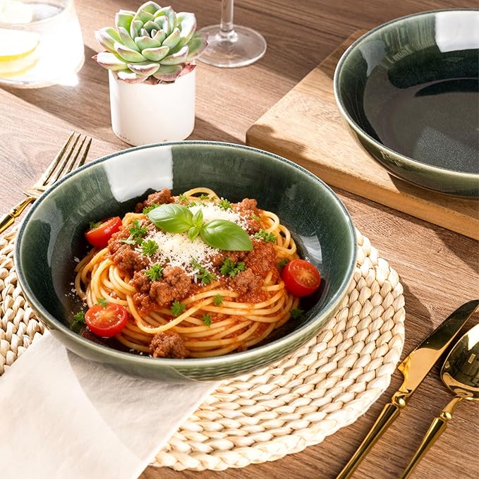 AmorArc 8.5'' Large Ceramic Pasta Bowls, 36oz Stoneware Pasta Serving Bowls Set of 4 for Kitchen, Wide Bowls for Pasta,Salad,Oatmeal, Microwave Safe, Reactive Glaze-Earth Green
