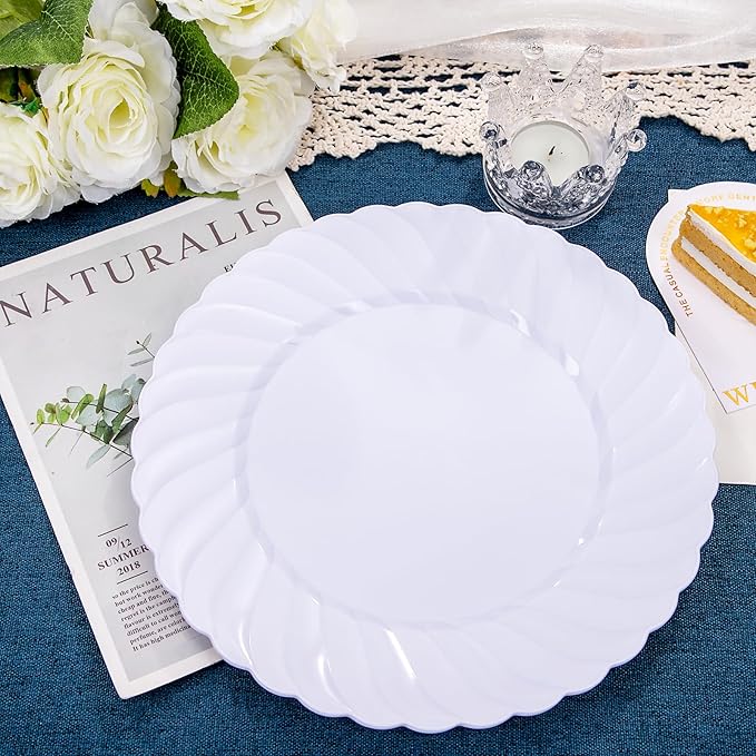 U-QE 60 Pieces White Plastic Plates - 9 Inch White Disposable Plates - Washable & Reusable - Premium Hard Plates - Party Supplies for Birthdays, Celebrations, Travel, Wedding, Party and Events