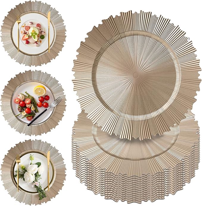 PROY 100 Pcs 13 Inch Gold Charger Plates Bulk, Elegant Fluted Edge Plastic Charger Plates Reusable Table Chargers, Round Gold Chargers Dinner Plate Wedding Decoration