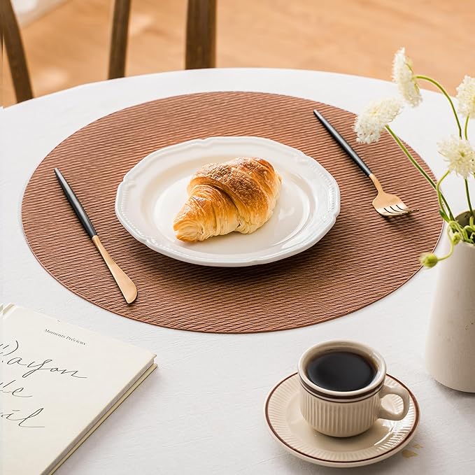 Jovono 15" Faux Leather Big Round Placemats Set of 6 - Washable Heat Resistant Non-Slip Dining Table Mats with Fabric Texture for Kitchen Home Party Decor, Brown
