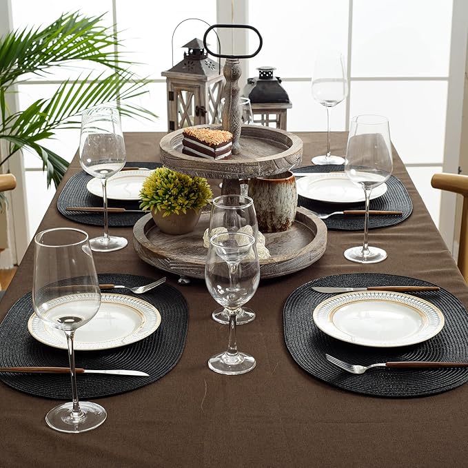 FunWheat Oval Braided Placemats Set of 8 Table Mats for Dining Tables Washable Heat Resistant Place Mats for Indoor Outdoor Use 12 x18 Inch(Oval Black, 8pcs)