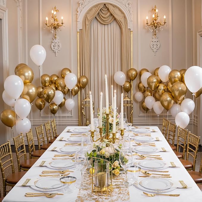 Nervure 100Pcs White and Gold Plastic Plates - 10.25Inch Gold Disposable Plates - Heavyweight Dinner Plate for Wedding & Party