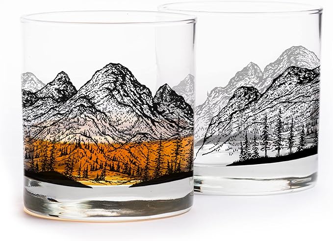 Black Lantern Mountain Panoramic Whiskey Glass Set Set of 2 11oz Heavy Base Old Fashioned Tumblers | Cocktail Glasses with Gift Box
