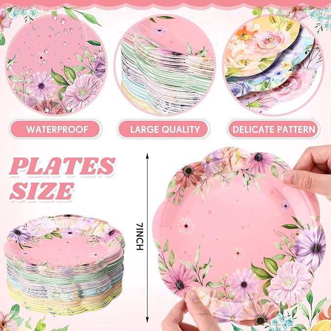 Umigy 120 Pcs Summer Fall Floral Party Plates 7 Inch Floral Paper Plates, Summer Flower Disposable Decorative Tableware for Birthday Wedding Baby Shower Tea Party Bridal Shower