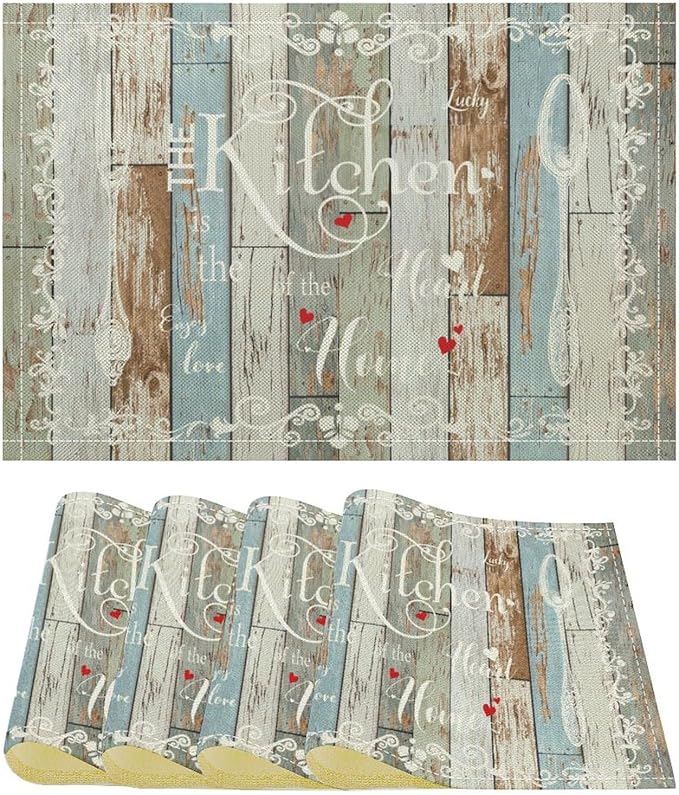 Vintage Farmhouse Placemat Set, Green Blue Rustic Wooden Plank Art Sketch Cutlery Knife Fork Inspirational Quotes Pattern Home Decor Linen Table Mats for Dining Room Kitchen Party (17x12in) x4P