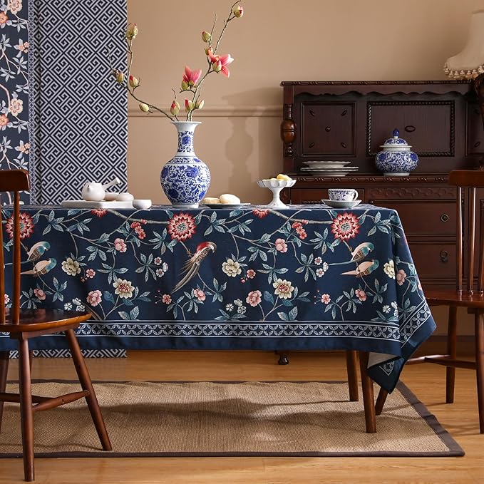 patdrea Designer Vintage Dark Blue Linen Rectangle Tablecloth,Navy French Floral and Birds Pattern Table Cloth,Decoration Table Cover for Kitchen,Dining,Tea Party,Home,Christmas,63"*102"
