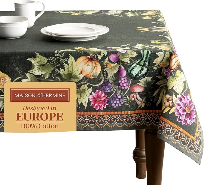Maison d' Hermine Table Cloth Rectangle Table 100% Cotton 60 x 120 Inches Fall Tablecloth Reusable Everyday Use for Thanksgiving Christmas Decorations Dining Farmhouse (Pumpkin Garden - Dark Green)