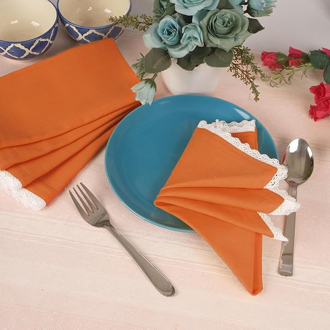 Fingercraft Dinner Cloth Napkin Cotton Linen Blend 12 Pack Mitered Corners with Elegant Lace for Everyday Use Napkins are Pre Shrunk and Good Absorbency (Rust, 20in x 20in (Set of 12))