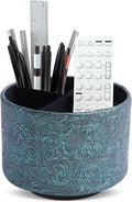 lizimandu Round Leather Art Supply Organizer,Remote Control Holder,360 Degree Spinning,Multi-Functional Pencil Holder,4 Compartments Desktop Stationary Organizer(1-Carved Metal Green3)