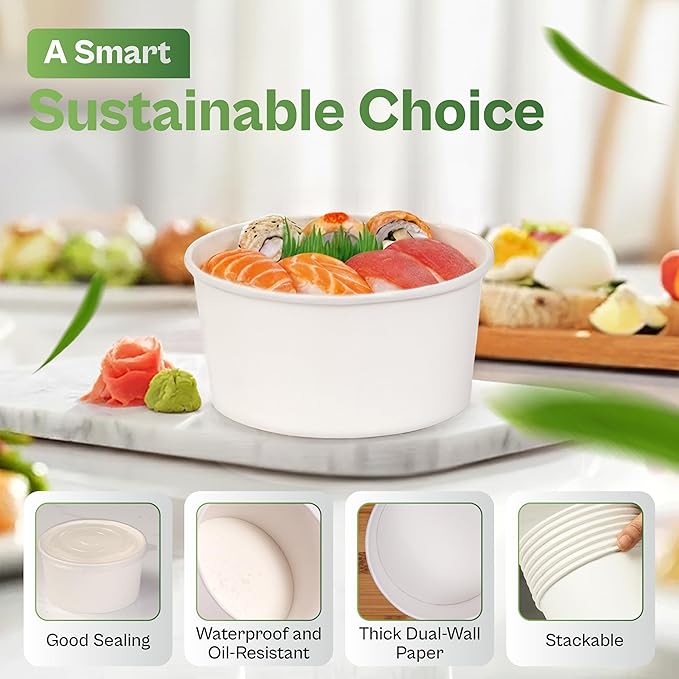 50-Pack 34 oz Paper Bowls With Lids – Disposable Bowls, Microwave & Freezer Safe, Leak-Proof Design for Hot & Cold Foods, SGS Tested Food-Safe, Eco-Friendly, For Meal Prep, To-Go, Catering.