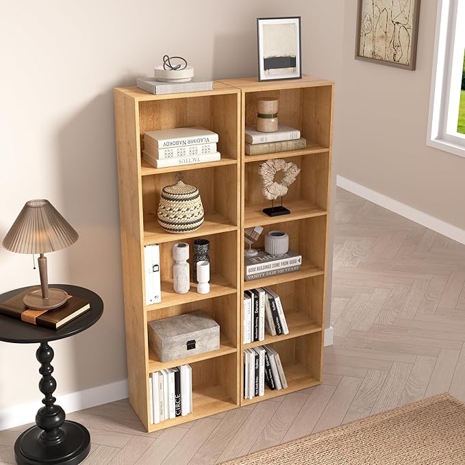 Wooden 5 Cube Storage Organizer, Oak 5 Tier Bookcase Bookshelf Freestanding Storage Display Organizer, Versatile Cubes Open Shelf and Cubby Unit for Living Room, Home Office, Dinning Room 15.7inch