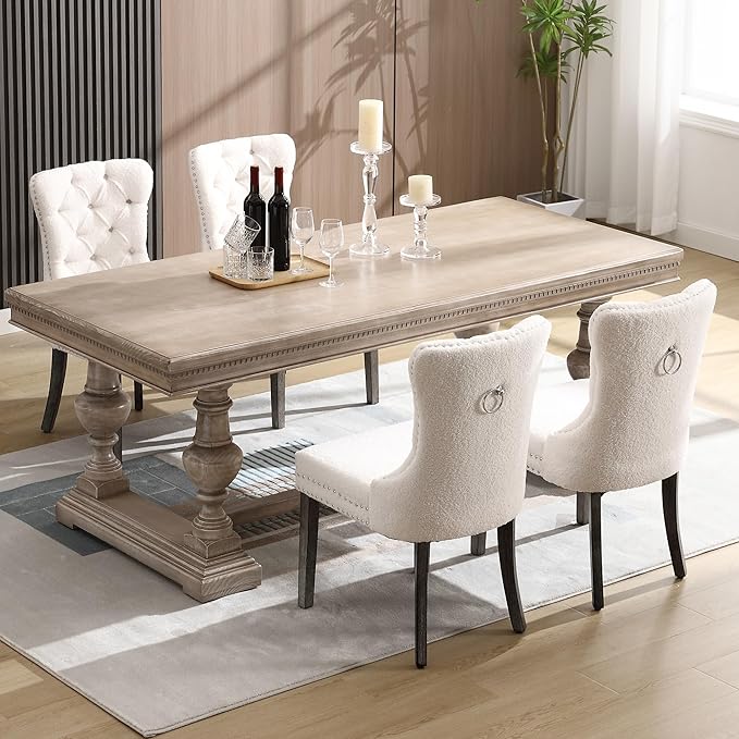 KCC Boucle Dining Chairs Set of 2, Upholstered High-end Tufted Dining Room Chair with Nailhead Back Ring Pull Trim Solid Wood Legs, Contemporary Nikki Collection Modern Style for Kitchen, Cream