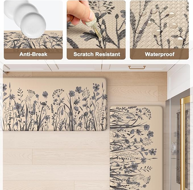 KIMODE Anti Fatigue Kitchen Mats for Floor, Farmhouse Kitchen Rugs Sets of 2, Cushioned Kitchen Floor Mats, Comfort Standing Mat for Sink, Laundry, Office, Desk Brown/Grey 17"x47"+17"x29"