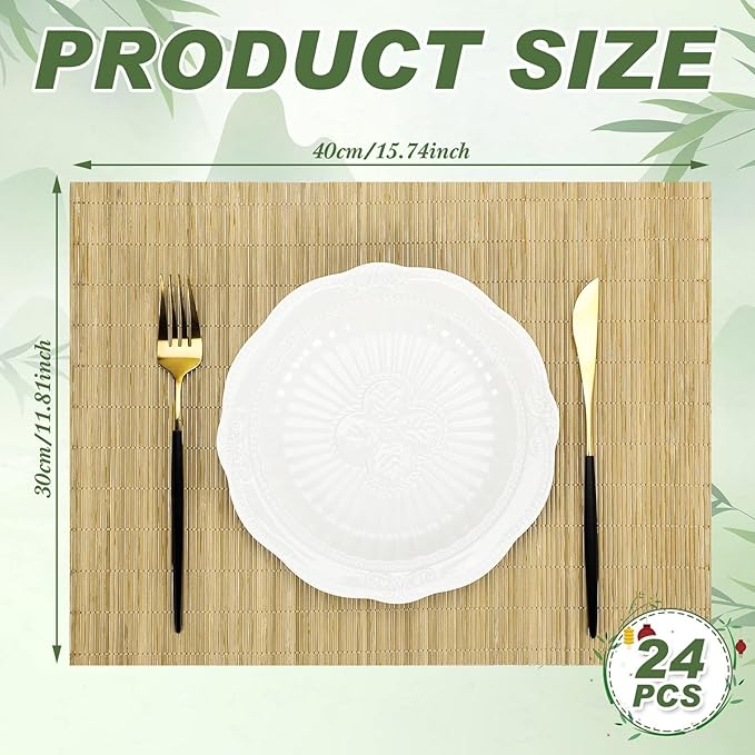 Patelai 12 Set Bamboo Placemats 15.8 x 12 Inch Sushi Rolling Mat Japanese Style Wicker Placemats Washable Heat Resistant Table Mats for Dinner Kitchen Wedding Party (Natural)