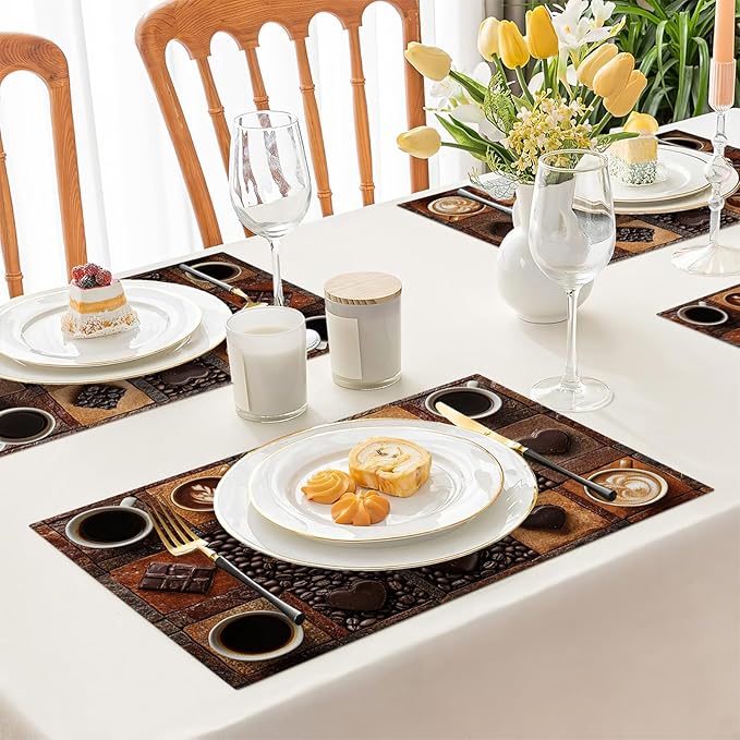 Coffee Placemats Set of 4, Cafe Table Mats, Washable Place Mats for Coffee Bar Home Party Indoor Kitchen Dining Table Decoration 12x18 Inch