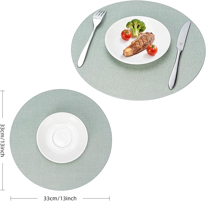 Round Wipeable Placemats Set of 2 – Faux Leather Round Table Mats, Waterproof & Washable Vinyl Placemats, Circle Design for Dining Table Decor– Sage Green