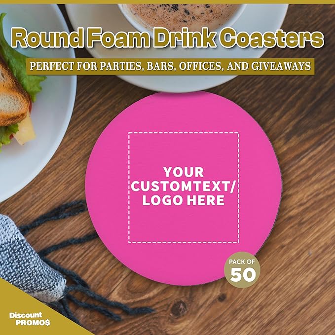 50 Round Foam Bud Coasters Pack, 4 inch - Customizable Text, Logo - PU Foam, Party Favor - Neon Pink