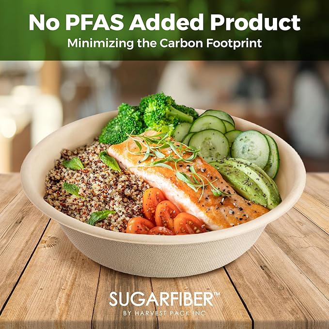 [500 COUNT]Harvest Pack PFAS FREE 32oz Compostable Round Paper Bowls, Heavy-Duty Eco-Friendly Disposable Bagasse Large Soup Bowls, sugarcane made for Meal Prep Takeout Dinnerware, Microwave Safe