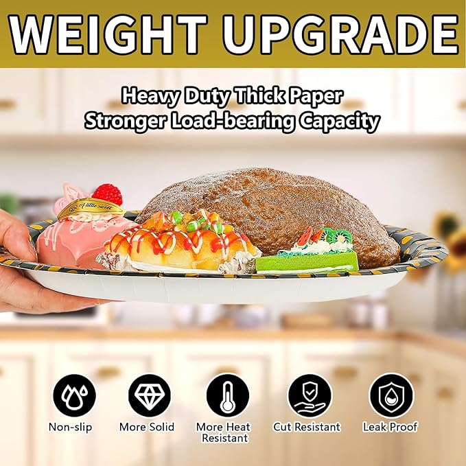 50Pcs Black and Gold Birthday Oval Paper Plates 10" x 12" Large Heavy Duty Disposable Black Gold Happy Birthday Decorations Golden Dessert Party Plate for Women Men Winter Xmas Holiday Party Supplies